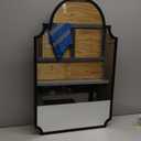 Black Decorative Medicine Cabinet Mirror, 20"x32" Recessed or Surface Mount Metal Irregular Medicine Cabinet for Bathroom, Elegant Curved Aesthetics Mirror with Storage, 2 Stable & Removable Shelves (Black-no Led - Left Open)