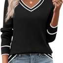 Zeagoo Women's 2026 Fall V Neck Sweater Trendy Long Sleeve Casual Lightweight Ribbed Knit Pullover Tops (Black StripeMedium)