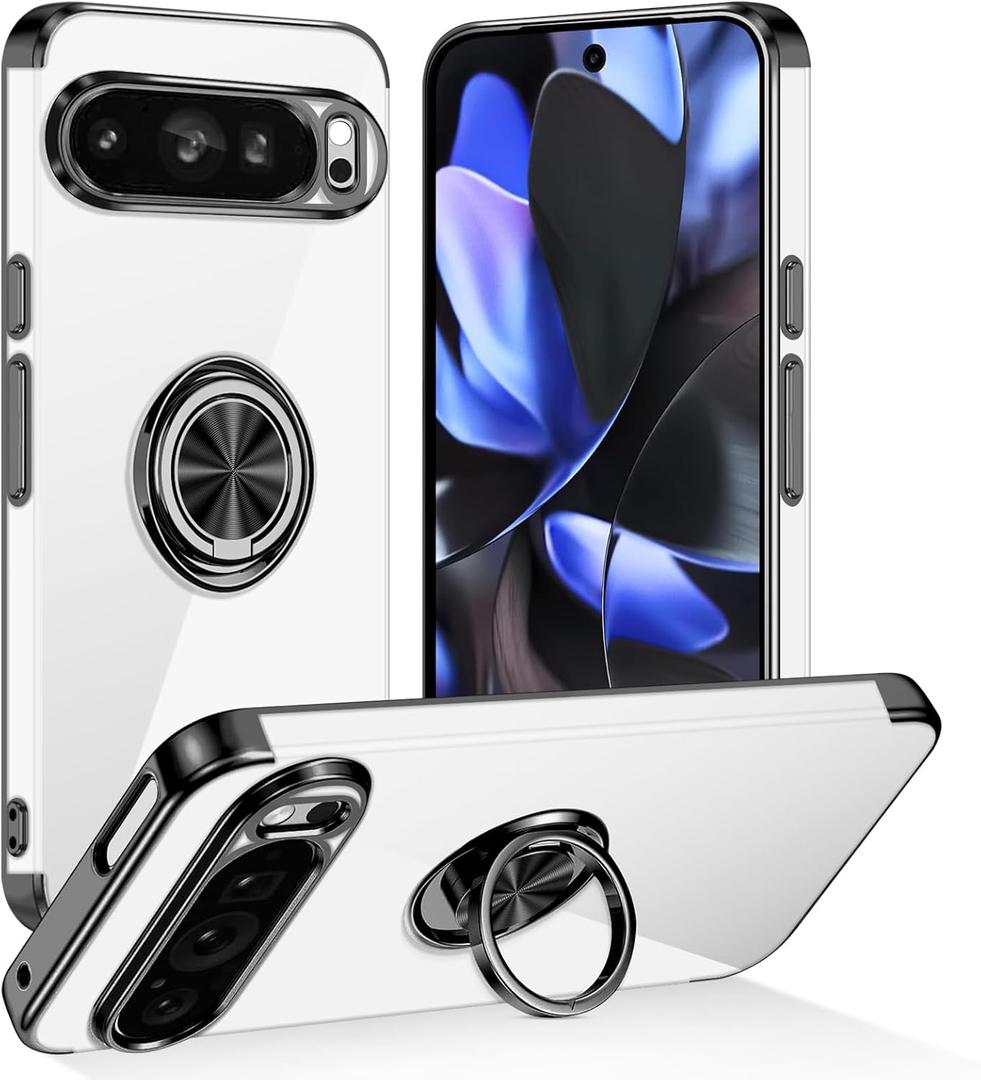 Tnarru Designed for Google Pixel 9 Pro XL Clear Case with Stand [Magnetic Ring Holder Kickstand] Soft TPU Bumper Non-Yellowing Anti-Scratch Lightweight Slim for Google Pixel 9 Pro XL Case Black