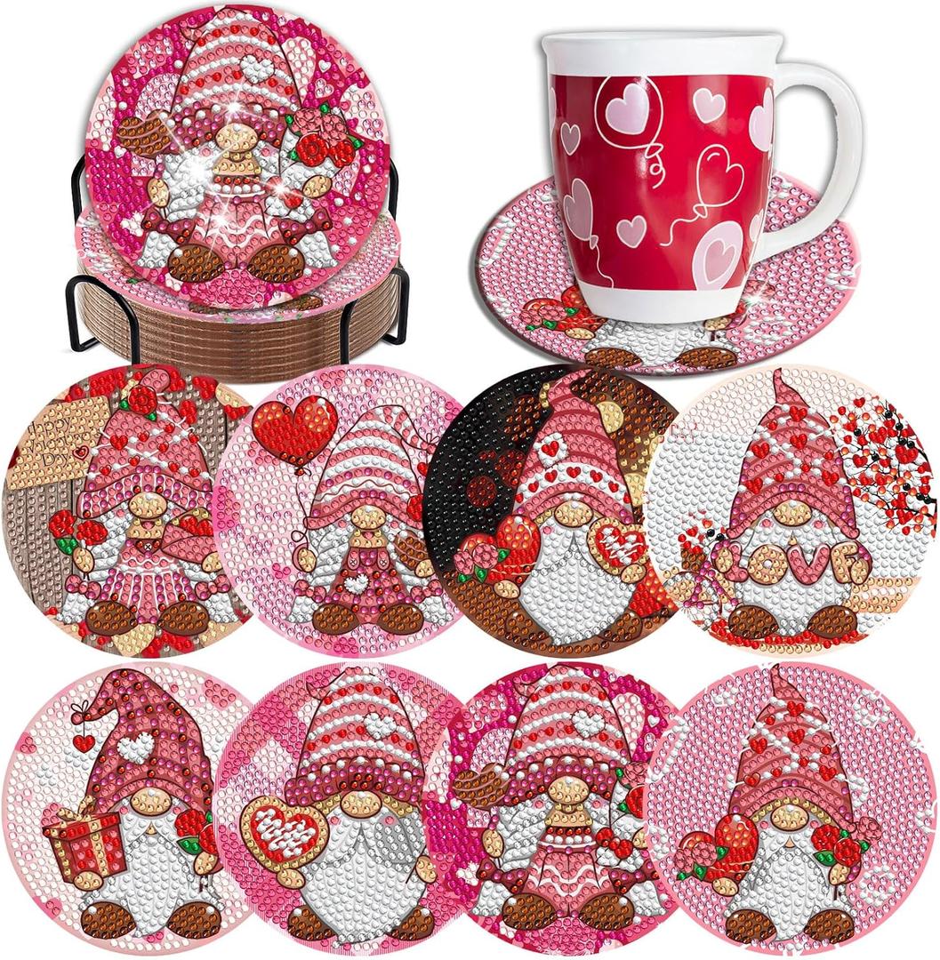 8 Pieces Gnome Diamond Coasters with Holder Cute Valentine Gnome Diamond Art Coasters for Beginners Adults for Valentine's Day Gift
