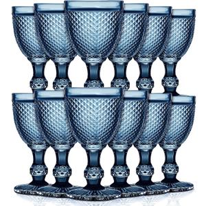 Bokon 12 Pack Glass Goblets Set 10 oz High Clear Wine Glass Vintage Water Goblets Cups Embossed Diamond Design Glassware with Stem for Drinking Juice Liquor Party Wedding Bar (Sapphire)