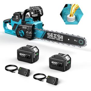 SEESII 40V 16-Inch Cordless Chainsaw: Brushless Electric Chain Saws with 24.0Ah Batteries & Charger, Tool-Free Chain Tension, Auto Oiling, for Tree Trimming, Wood Cutting, Yard Work