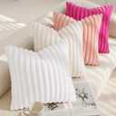 decorUhome Summer Cozy Faux Fur Throw Pillow Covers 12x20 Set of 2 Decorative Soft Plush Striped Lumbar Modern Farmhouse Boho Couch Pillow Cases with Velvet Back for Sofa Bed Living Room, Hot Pink