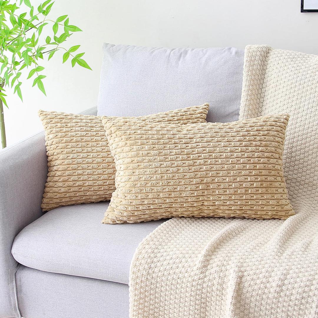 Pack of 2 Soft Corduroy Decorative Pillow Covers 12 x 20 Inch Boho Striped Rectangle Pillow Covers Farmhouse Home Decor for Sofa Couch Bedroom Khaki