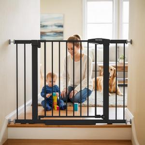 Baby Gate for Stairs, 29.7-43" Auto Close Dog Gate for Doorways & Hallways, Pressure Mounted Pet Gate with Walk Thru Door, Easy Install Safety Gate for Children & Pets, No Drilling, Dual-Lock Design