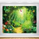 Enchanted Forest Backdrop Banner Fairy Tale Spring Garden Magic Wonderland Mushroom Butterfly Green Woodland Background Kids Girl Tea Party Decorations Photo Booth Props Fabric 10x8ft