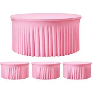 4 Pack Pink 72 inch Round Spandex Tablecloth, Wrinkle-Free Stretchy Fitted 6FT Round Tables,Elastic Edge with Skirt,Washable Table Cloths for Wedding Banquet Party Birthday Buffet