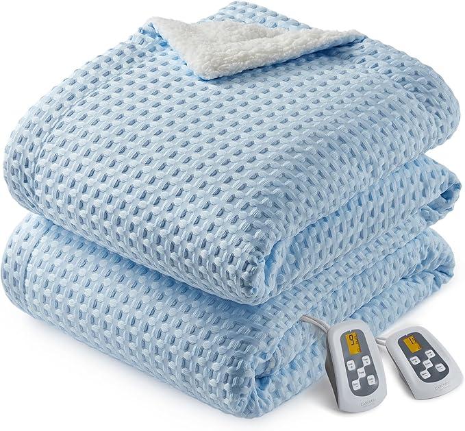 CAROMIO Heated Blanket King Size with LCD Dual Controller, Waffle Weave Fast Heating Electric Blankets, 10 Heat Levels & 1-12H Time Settings, ETL Certified, Machine Washable, Light Blue, 100" x 90"