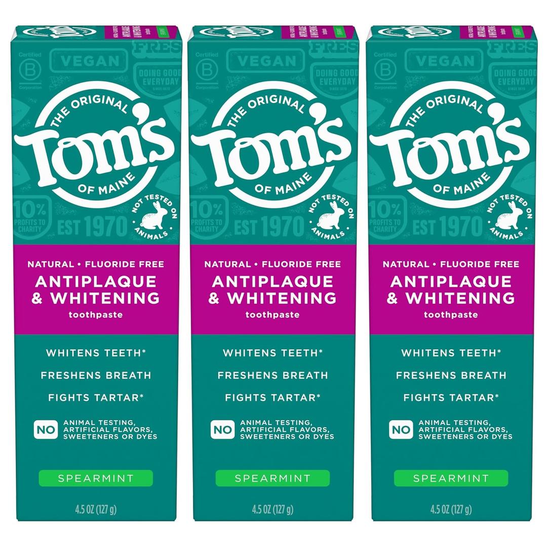 Toms of Maine Antiplaque and Whitening Fluoride Free Toothpaste, Spearmint 3-Pack (4.5 Ounce (Pack of 3)) Exp 1/2026