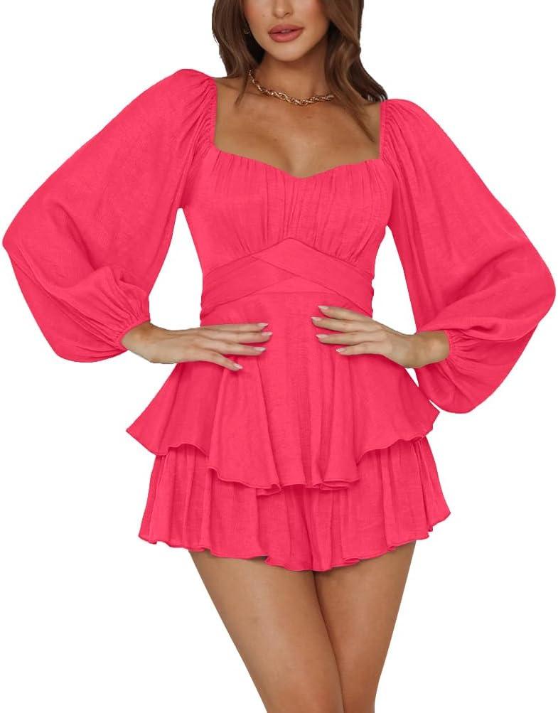 LYANER Women's Jumpsuit Lantern Long Sleeve Ruffle Layer Tie Mini Short Romper, Red Pink, Medium