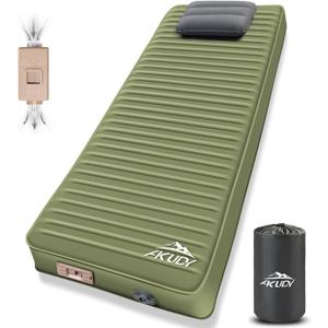 Self Inflating Sleeping Pad with Electric Pump, 4" Ultra-Thick Memory Foam Camping Pad with Pillow, 9.5 R-Value Insulated Camping Mattress, Army Yellow