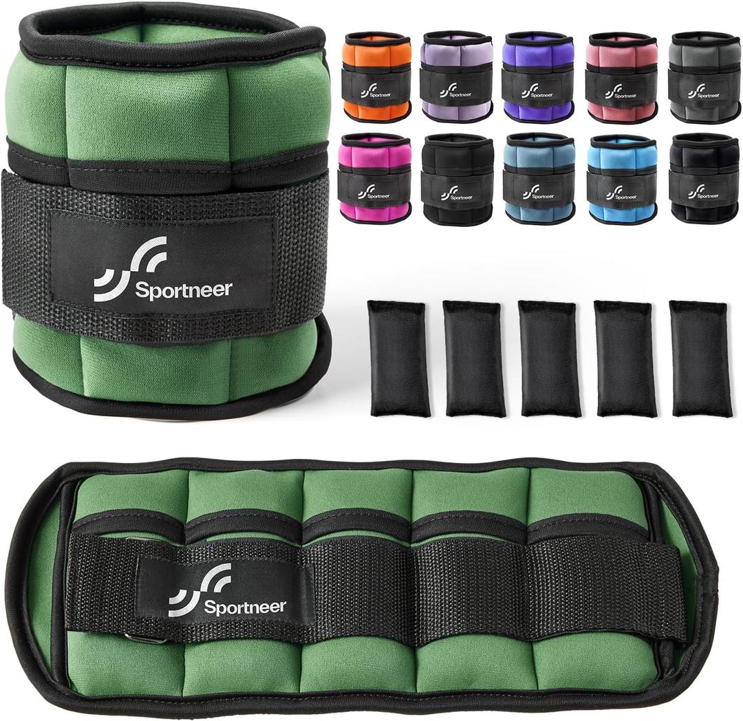Sportneer Adjustable Ankle Weights Set - 1 Pair (2-10 lbs) Removable Sandbags for Women & Men, Comfortable Neoprene Leg Weights for Walking, Running, Pilates, Yoga, Home Workout & Physical Therapy (Olive)