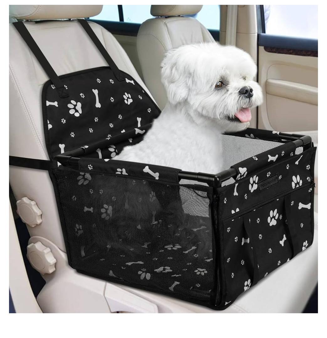 PetsHome Dog Car Seat Foldable Dog Car Booster Seat Waterproof Breathable Oxford Travel Bag for Small to Medium Dogs, Puppies, and Pets-Pattern Black-Upgrade