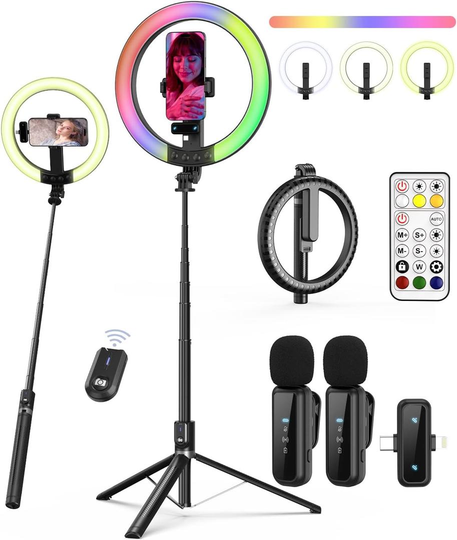 Vlogging Kit for iPhone/Android, 10 Ring Light with Stand, 74 Tripod for iPhone with Light, Microphone, YouTube Starter Kit for TikTok Content Creator