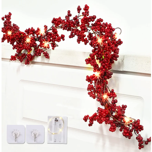 Sggvecsy Red Berry Garland Lighted Burgundy Berry Christmas Garland Artificial 6Ft for Christmas Winter Holiday Fireplace Mantel Table New Year Indoor Outdoor Decoration