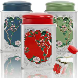3 Pack Airtight Tea Tin Canister, 38 OZ Tinplate Empty Loose Tea Box, Chinese Style Jar with Double Lids, Matcha Tin Containers, Vintage Square Coffee Canisters for Candy Nut Spice Kitchen