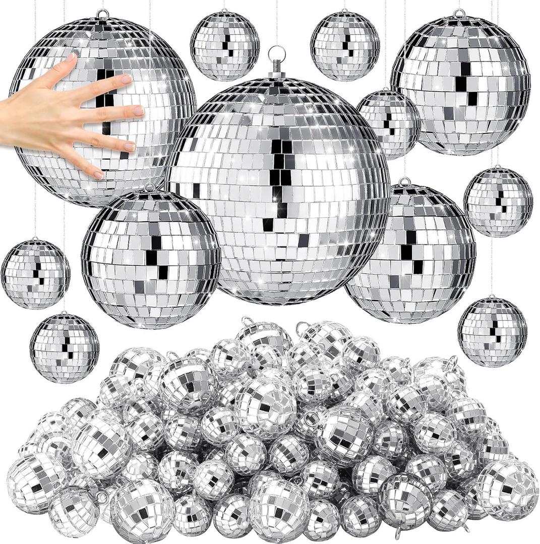 Hoolerry 65 Pcs Disco Balls Decorations Assorted Size Disco Ball Ornament Reflective Hanging Mirror Ball Mini Large Silver Balls for Carnival Wedding Dance Ballroom Stage (8/6/ 4/2/ 1.2 in)