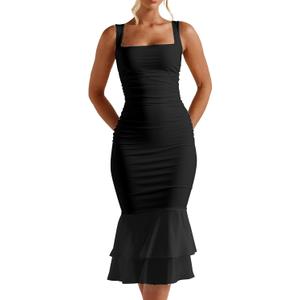 Kaximil Women's Sexy Bodycon Ruched Wedding Guest Midi Dresses Sleeveless Maternity Ruffle Cocktail Party Dress (Black, XL)
