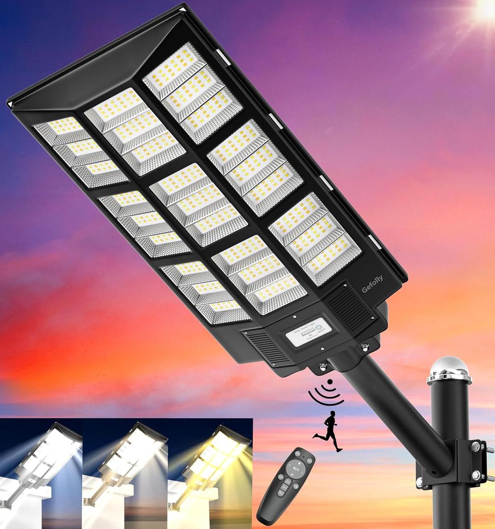 Gefolly SL-7200W Solar Street Lights Outdoor, 450000LM Commercial Parking Lot Light, 6500K Dusk to Dawn IP67 Security Flood Lights Motion Sensor Led Lamp for Basketball Court, Road, Yard