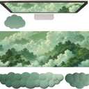 Green Cloud Mouse Pad and Keyboard Wrist Rest 4PCS Extended Forest Mountain Aesthetic Large Desk Mat Pad Set Memory Foam Non-Slip Cute Ergonomic Gaming Mouse Pad Wrist Support for Computer Home Office