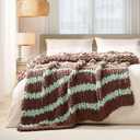 L'AGRATY Chunky Knit Blanket Throw: 50''x60'' Chenille Chunky Knitted Throw Blankets for Bed Couch - Handmade Thick Cable Knit Blanket - Large Crochet Rope Blankets for Home Decor (Brown Green Striped)