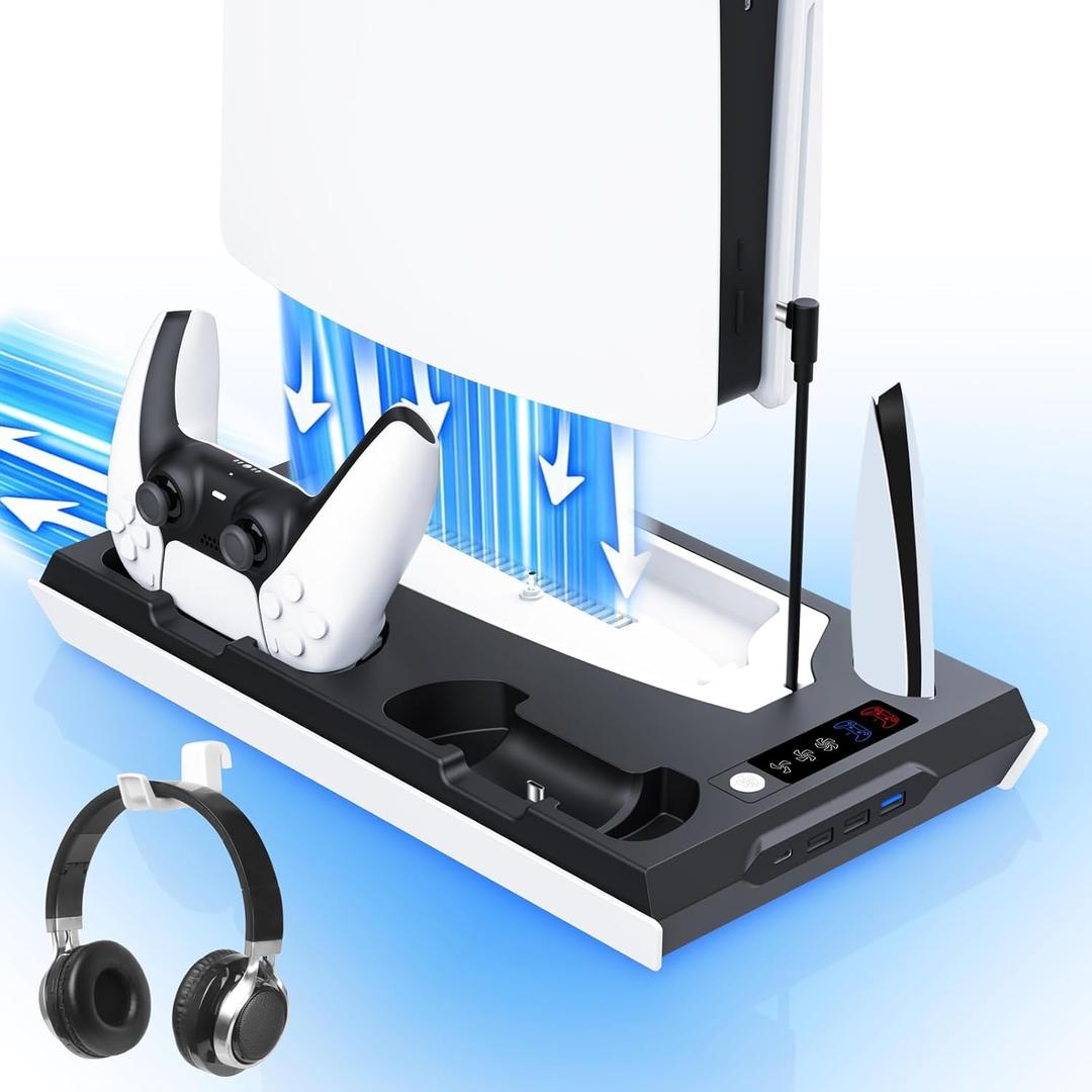 PS5 / PS5 Slim Cooling Station with Dual Controller Charging Station, PS 5 Cooling Stand for PlayStation 5 Console, Headset Holder/ PS 5 Cooling Fan/4 USB Hub All in One Accessories Organizer, Black