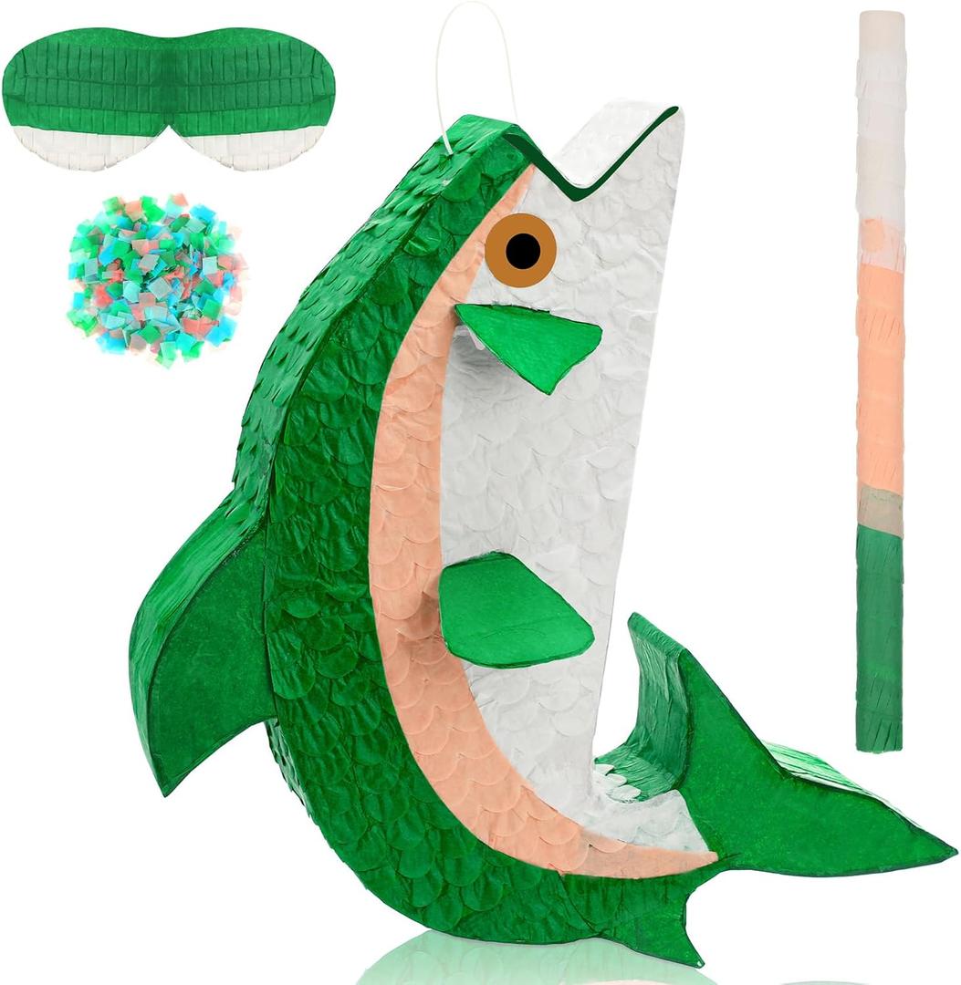 Green Fish Pinata Fishing Game Pinata Ocean Under The Sea Supplies for Adult Party Decoration with Stick Bat Blindfold and Confetti for Carnival Animal Theme Birthday Game Party Decoration Supplies