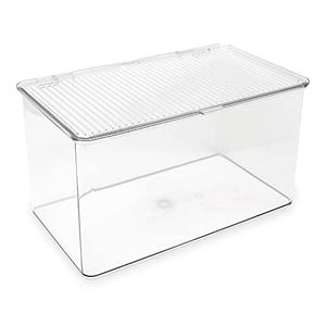 Isaac Jacobs Large Stackable Organizer Bin (10.75” x 6.5” x 6.1”) w Hinged Lid Clear Storage Box Home Office School Fridge Bathroom Kitchen Pantry Container BPAFree Food Safe (Large Clear)