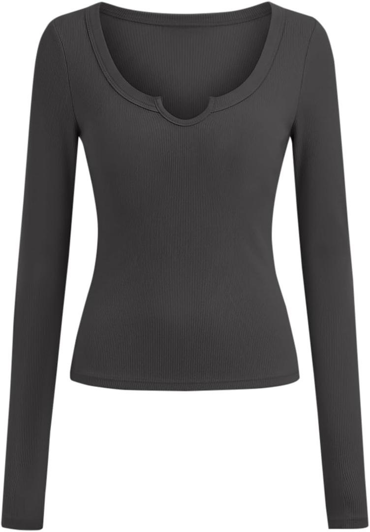 BTFBM Casual Long Sleeve T Shirts for Women Fall 2025 Ribbed Knit Slim Fit Solid Basic Tee Going Out Tops Blouse (Gray, M)