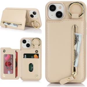 for iPhone 15 case Wallet with Card Holder for Women Men Shockproof Phone case with Keychain Ring Stand Leather Zipper Credit Card Slots-Beige