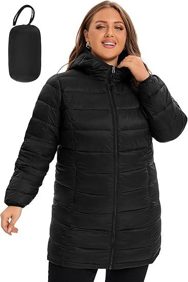 ANOTHER CHOICE Plus Size Packable Puffer Jacket for Women, Lightweight Quilted Puffer Coat with Hood (XL, Black)