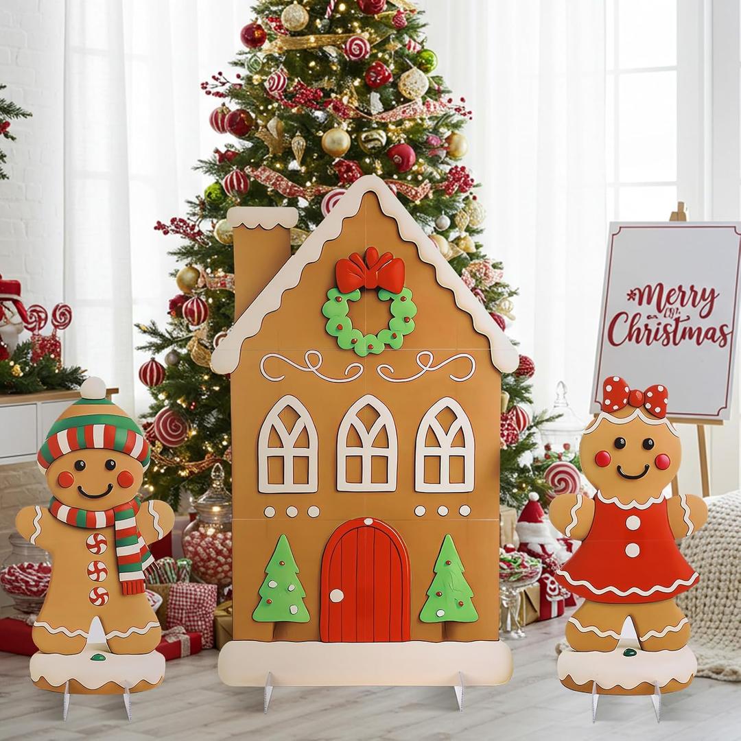 Soulchen 3 Pcs 39.4 Inch Gingerbread Backdrop Cardboard Cutout Gingerbread Man House Christmas Photo Booth Props Background Stand up Christmas Party Decorations Games for Party Supplies