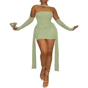 Sexy Strapless Tube Top Mesh Mini Dress for Women Bodycon Ruched Ribbons Birthday Date Night Dresses (Small, Green)