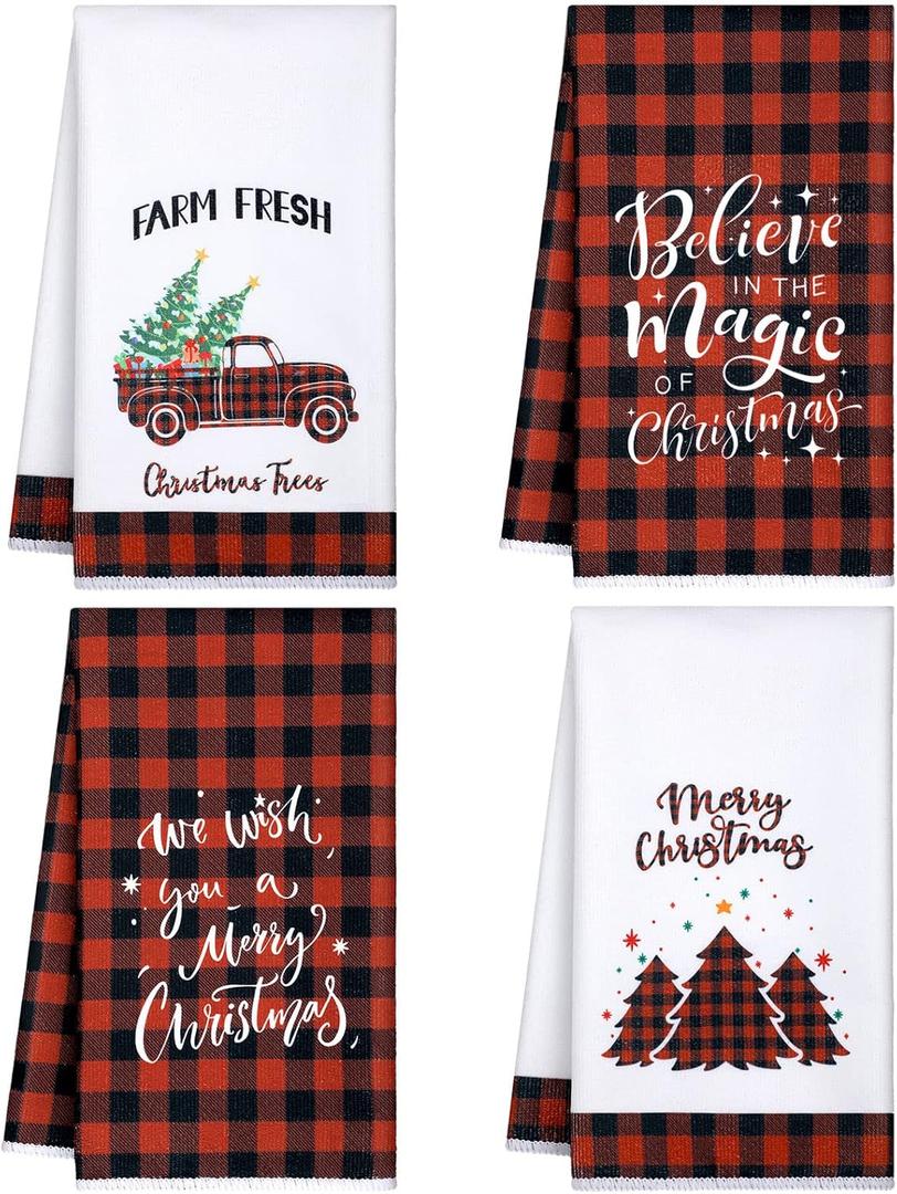 Patelai 4 Pack Christmas Kitchen Towels Buffalo Plaid Tea Dishtowels Farmhouse Winter Bathroom Hand Towels Christmas Decorations for Kitchen Holiday Xmas Housewarming Gifts(Red Black,Tree)