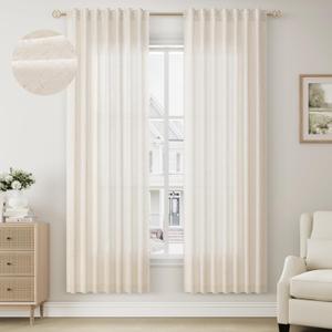 BOODII Semi Sheer Textured Linen Curtains 72 Inches Length Long, 2 Panels Set for Bedroom Dining Living Room,Back Tab,Rod Pocket,Clip Rings Light Filtering Window Drapes,W52 x L72,Natural