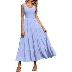 PRETTYGARDEN Women's 2026 Casual Loose Plain Maxi Sundress Smocked Tank Dress Sleeveless Summer Beach Tiered Long Dresses (Blue, XL)