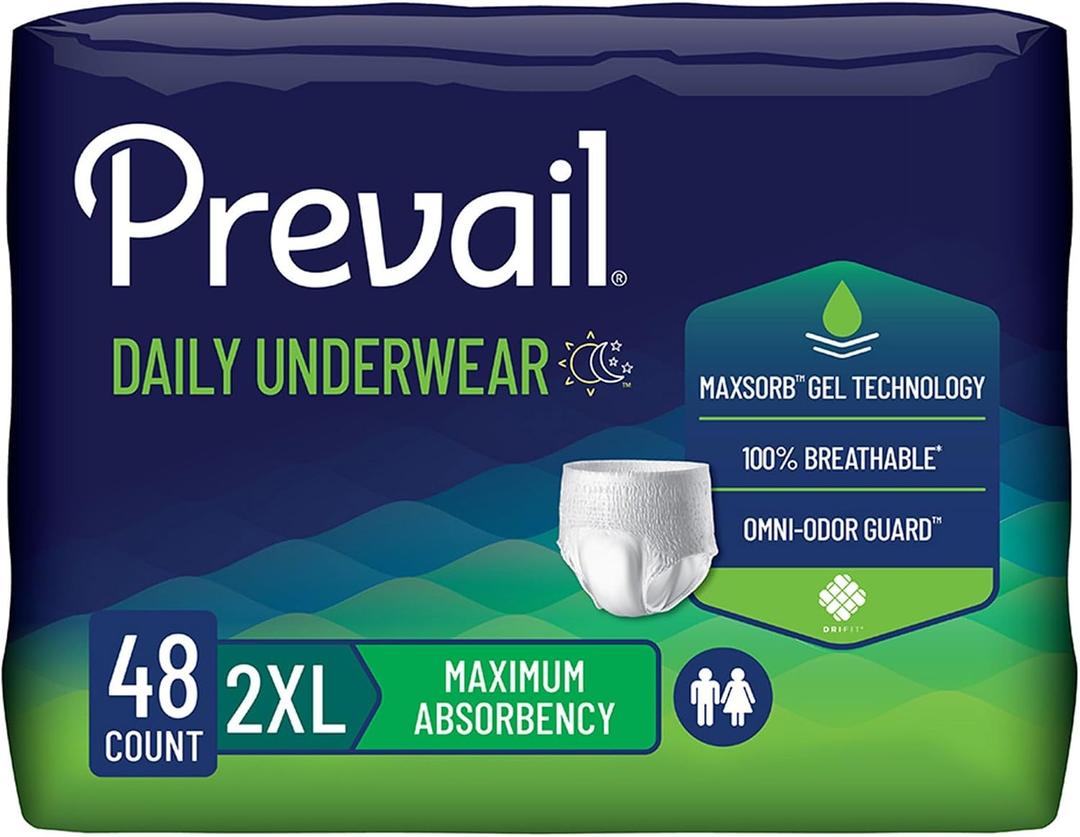Prevail Daily Unisex Underwear Maximum Disposable Incontinence, 48 ct
Prevail Daily Unisex Underwear Maximum Disposable Incontinence Underwear Pull On with Tear Away Seams 2X-L