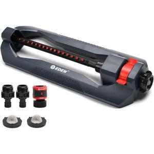 Eden 96213 Essential Turbo Oscillating Water Sprinkler, Covers Up to 3,600 sq. ft., 16 Nozzles, Weighted Base, Adjustable Range, Quick Connect Bundle, Dark Grey, Red, Silver
