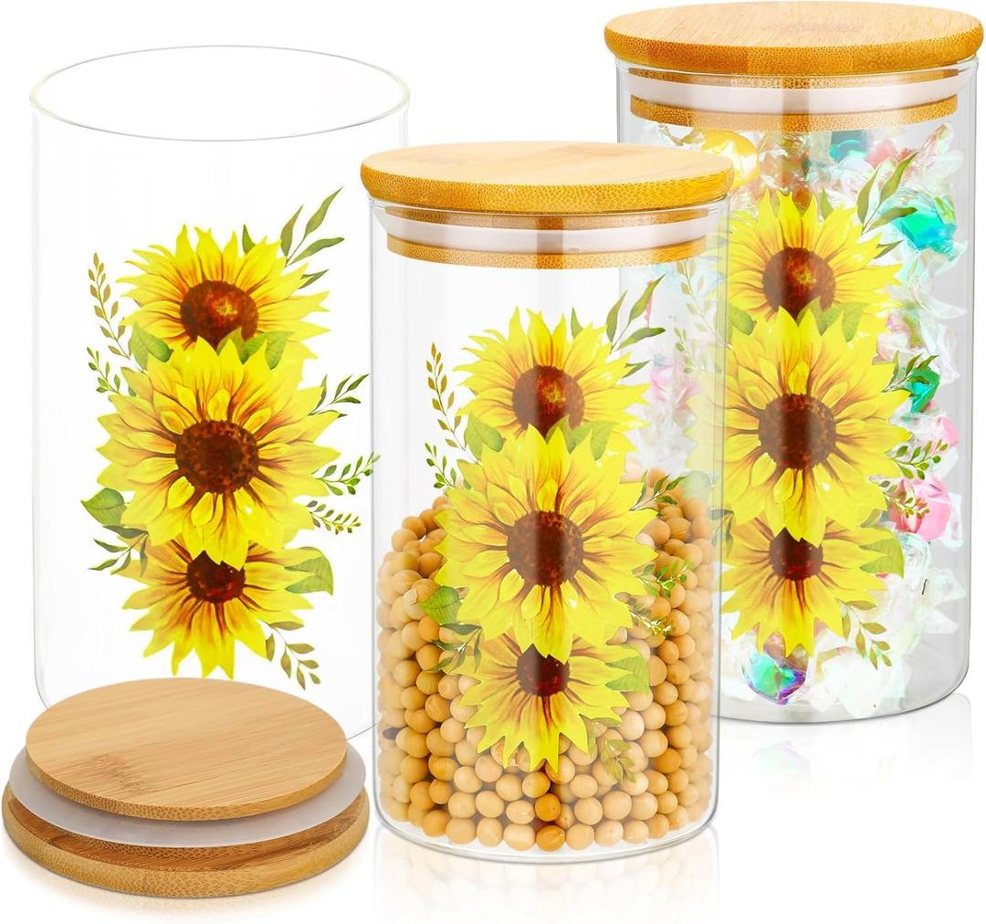 Layhit 3 Pcs Sunflower Glass Canister Set Clear Lemon Kitchen Storage Jars with Airtight Bamboo Lid for Coffee Bean Cookie Candy Tea Flour Farmhouse Home Countertop 24oz