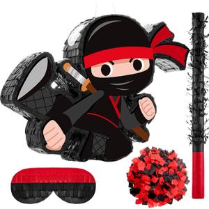 Karate Ninja Piata Ninja Birthday Party Supplies with Piata Stick Confetti and Blindfold, Warrior Birthday Party Decor for Adults Game Black (17 x 11.6 x 3 Inch,Trendy Style)