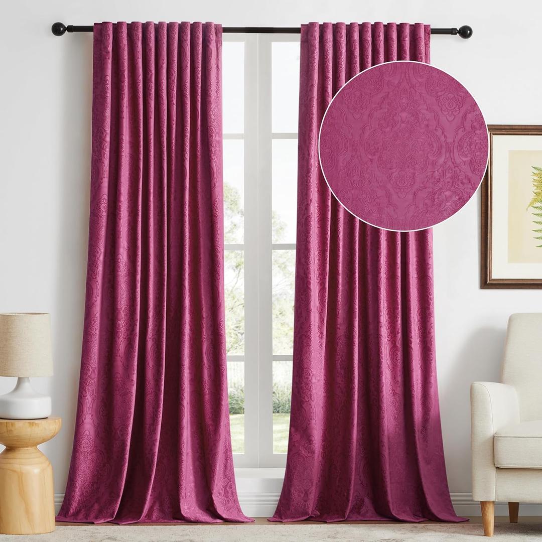 GIGIZAZA Hot Pink Velvet Curtains 84 Inch Long for Living Room,2 Panels Luxury Vintage Drapes Floral Embossed Blackout Window Curtain Back Tab Thermal for Bedroom