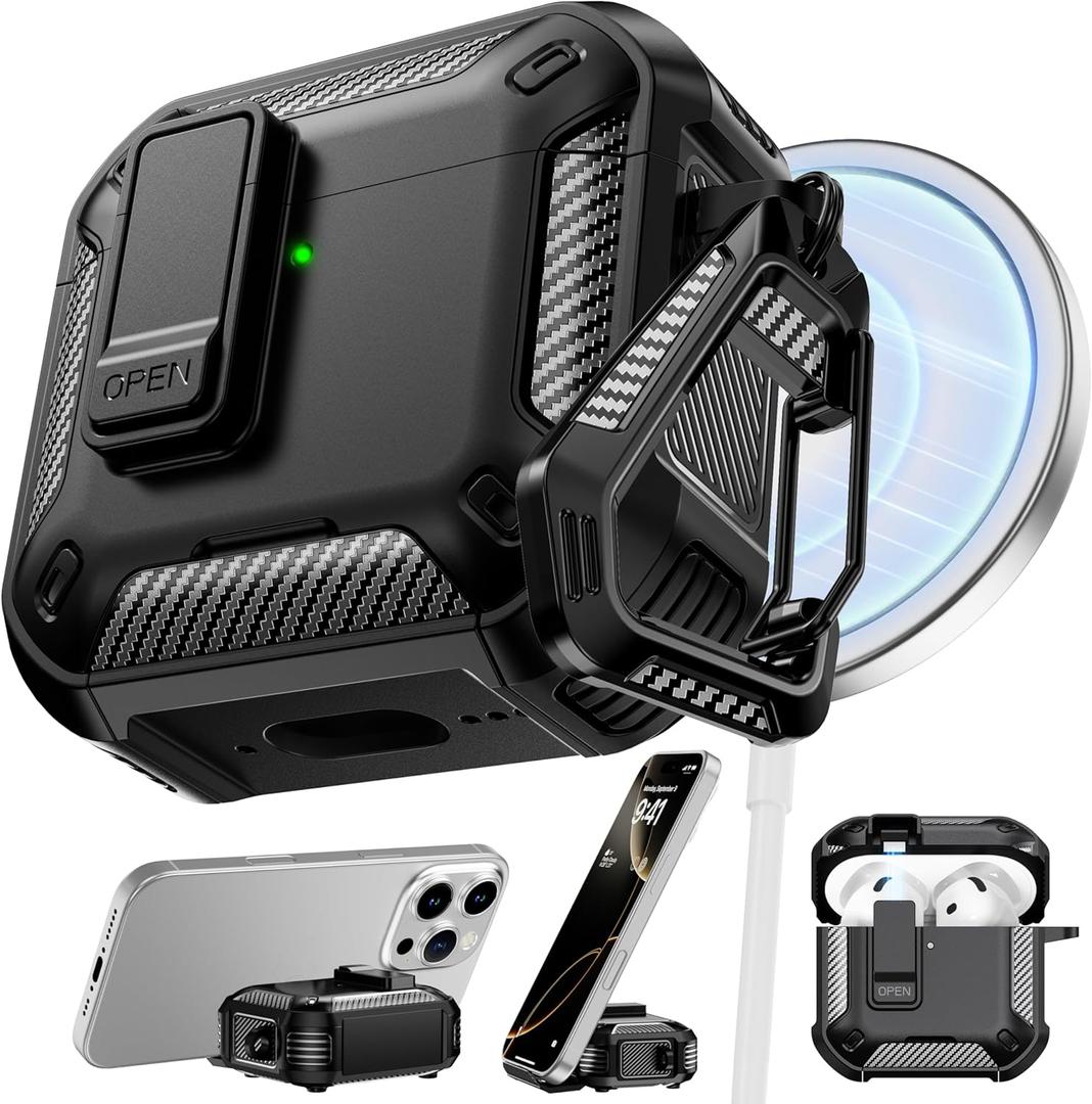 RFUNGUANGO Compatible with AirPods 4 Case,Magnetic Automatic Lock with Phone Holder & Cleaning Kit,Compatible with Magsafe, Back Magnetic Charging, Black