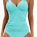 B2prity Halter Tankini Swimsuit for Women Tummy Control Two Piece Bathing Suit V Neck Swimwear with Shorts (X-Large, Blue Green)