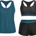 Yonique 3 Piece Athletic Tankini Swimsuits for Women with Shorts Swim Tank Tops with Sports Bra and Boyshorts Bathing Suits (Large, Black and Blue 01)