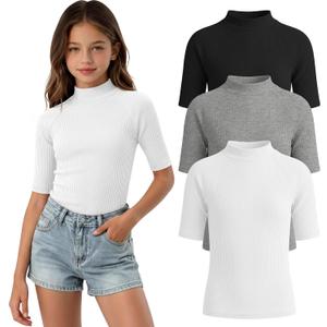 3 Pack Girls' Shirts Teen Summer Tops Mock Turtleneck Slim Fit Ribbed Half Sleeve Fashion Tees Kids Clothes Trendy