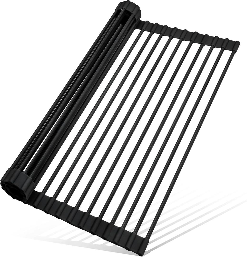 MERRYBOX 20.5" x 13" Roll Up Dish Drying Rack Silicone Wrapped Over The Sink Dish Drying Rack Multipurpose Foldable Sink Drying Mat, Heat-Resistant & Anti-Rust Dish Rack for Kitchen Sink, Large, Black