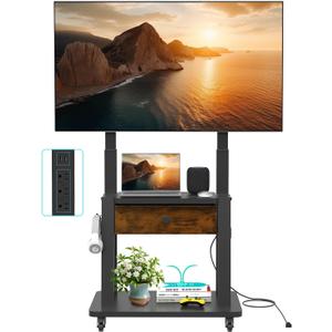 Rolling TV Stand with Power Outlet and Fabric Drawer for 32-75 Inch Flat/Curved Screen up to 220lbs LCD/LED/OLED Adjustable Height Mobile TV Cart with Wheels for Home Office Max VESA 600x400mm