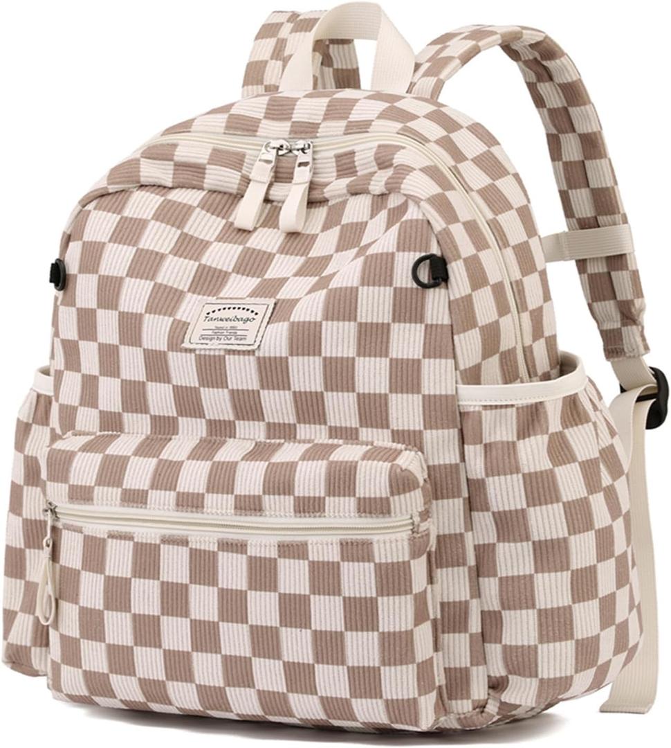 Corduroy Kids Backpack for Boys Girls Backpacks for Primary Elementary Kindergarten (Checkered Brown, Small (13.7" H Fit A4 Folder))