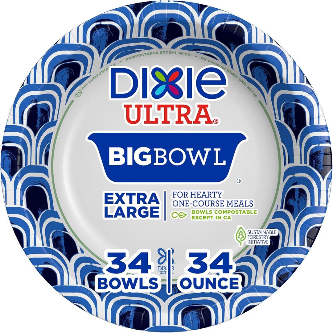 Dixie Ultra Extra Large Paper Bowls, 34 oz, 34 Count, Compostable, Microwave Safe, Disposable Bowls for Heavy Meals, Soups, Stews, and Everyday Use