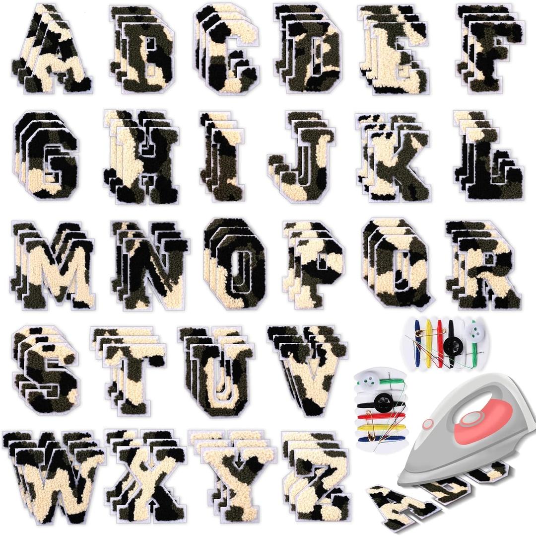 78 Pcs 2.7 Inch Chenille Letter Iron On Patches Sew On Chenille Varsity Letter Patches A-Z, Washable Fabric Letters for DIY Clothing Repairing Hats Shirts Shoes Jeans Bags(Camouflage)